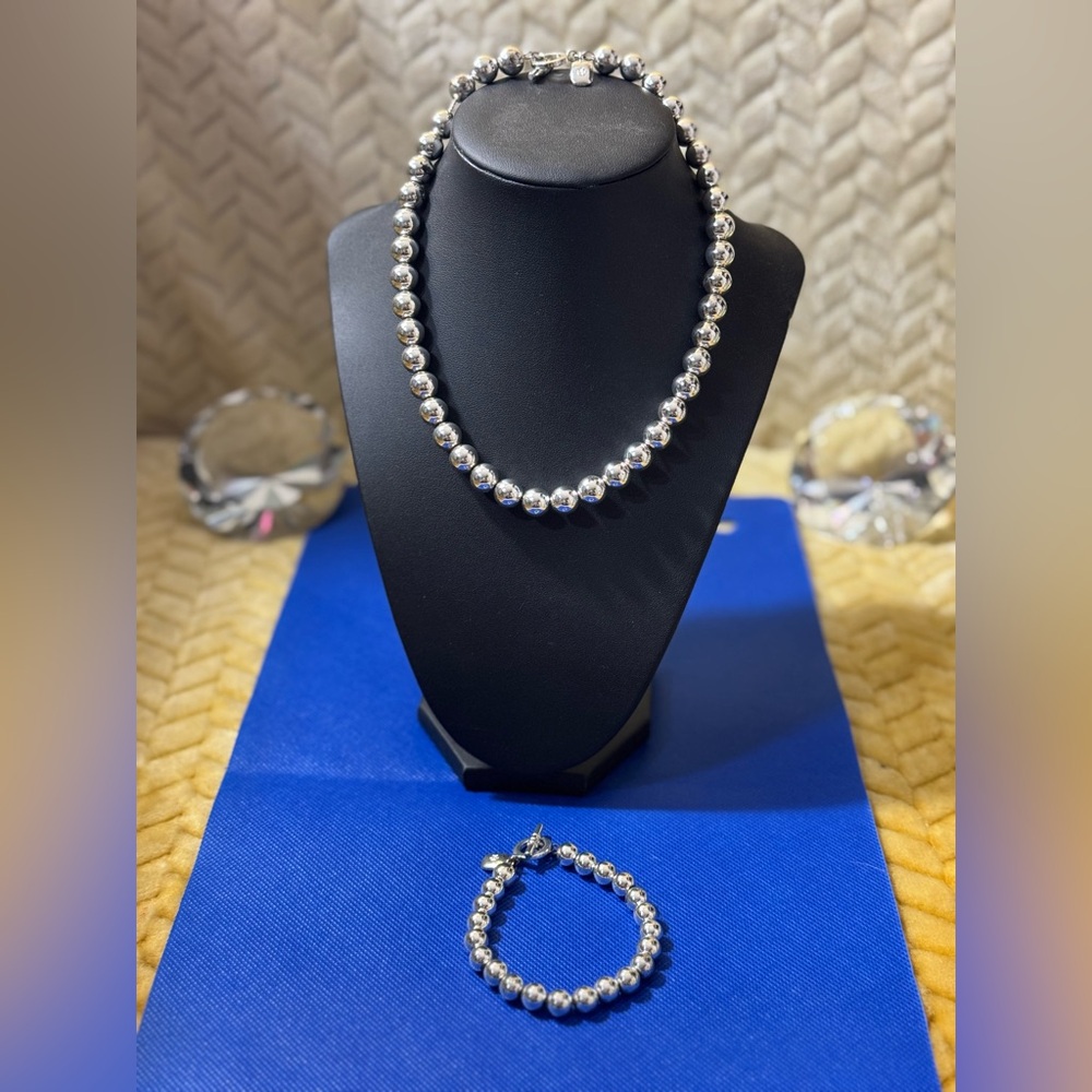 Sterling Silver Beaded Necklace and Bracelet Set - Silver